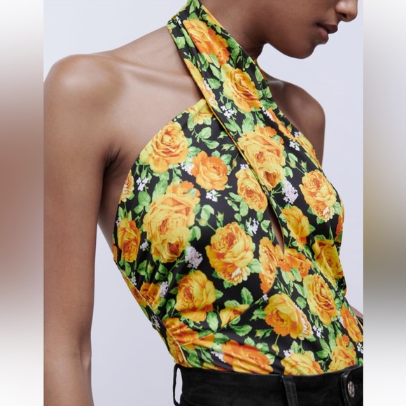 NWT ZARA CROSS NECK BODYSUIT BLACK/ORANGE/GREEN SIZE M -NWT - Picture 4 of 7